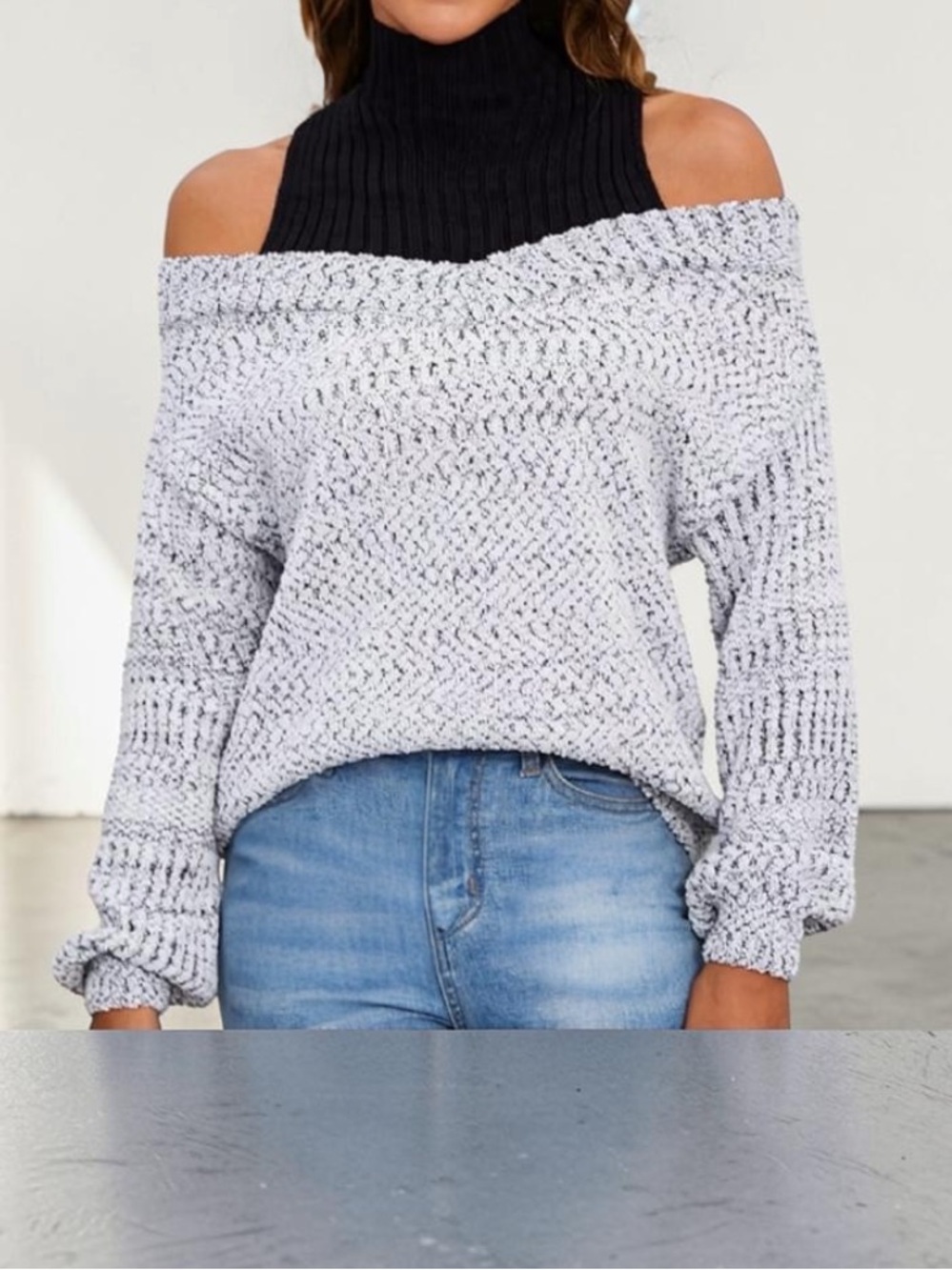 NWOT Two Tone Cold Shoulder Cutout Mock Neck Oversized Sweater Small